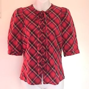 H&M red tartan plaid tie-neck top XS